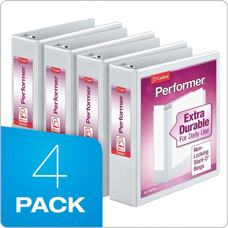 Cardinal Performer 3-Ring Binders, 2", Non-Locking Slant-D Rings, 540-Sheet Capacity, Clearvue Presentation, Non-Stick, PVC-Free, White, 4-Pack (27500), 2-Inch - Image 3